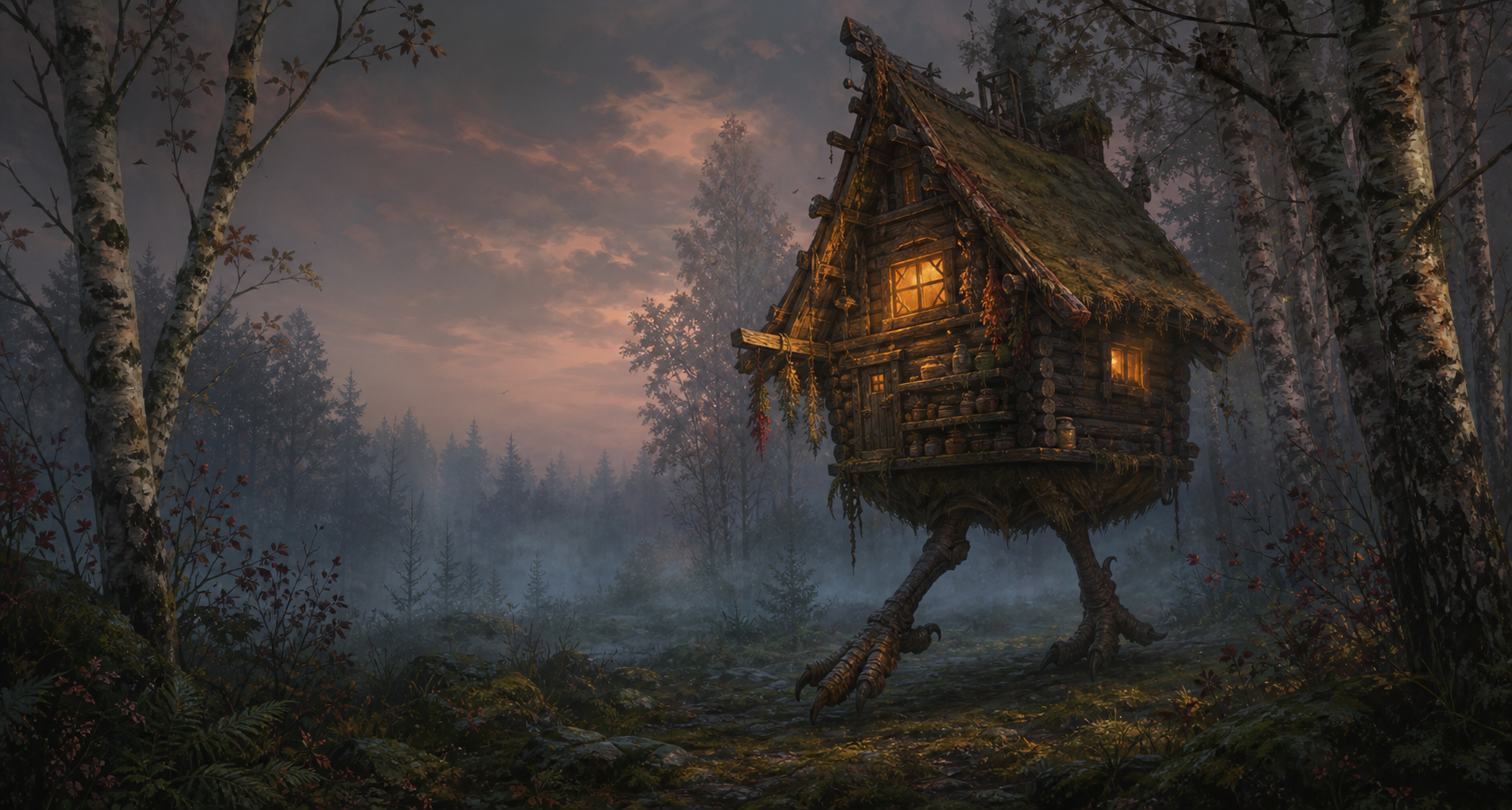 A painterly witch hut on walking legs glowing in a misty forest